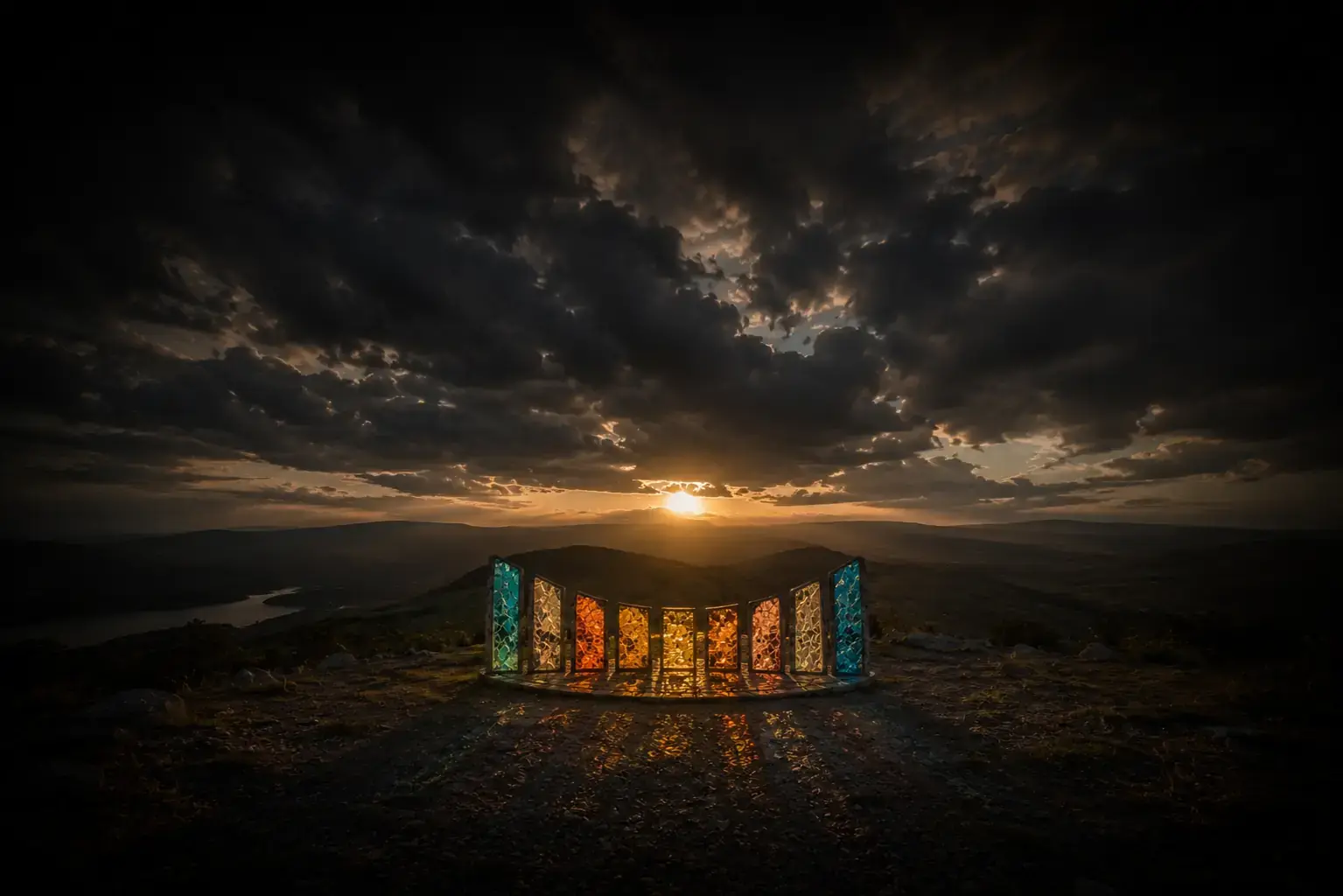 Ring of glowing stained-glass panels on a hilltop under dark clouds at sunset